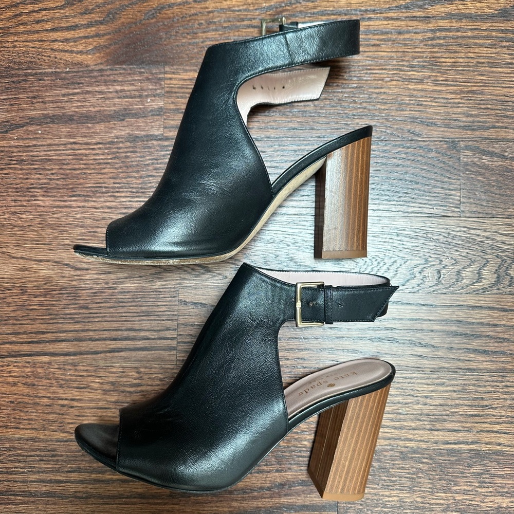 Kate Spade Black Leather Ingrada Block Heel Peep Toe Sandals